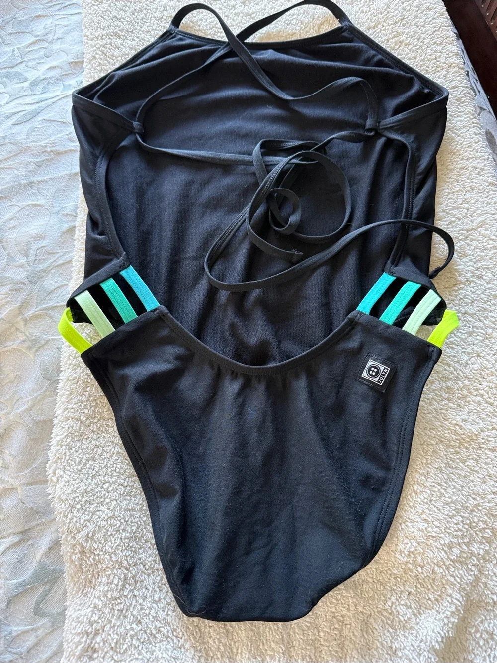 JOLYN Black One-Piece swimsuit with Neon Green & Aqua Stripes